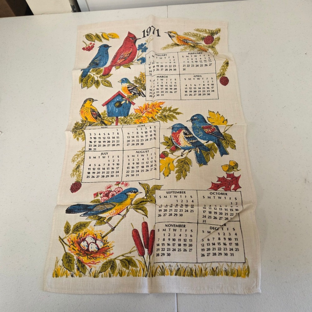 Vintage 1971 Calendar Tea Towel Birds Nature Songbirds Linen Kitchen Decor 26x16